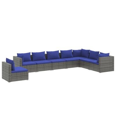 vidaXL 8 Piece Garden Lounge Set with Cushions Poly Rattan Grey, grey and dark blue vidaXL 8 Piece Garden Lounge Set with Cushions Poly Rattan Grey