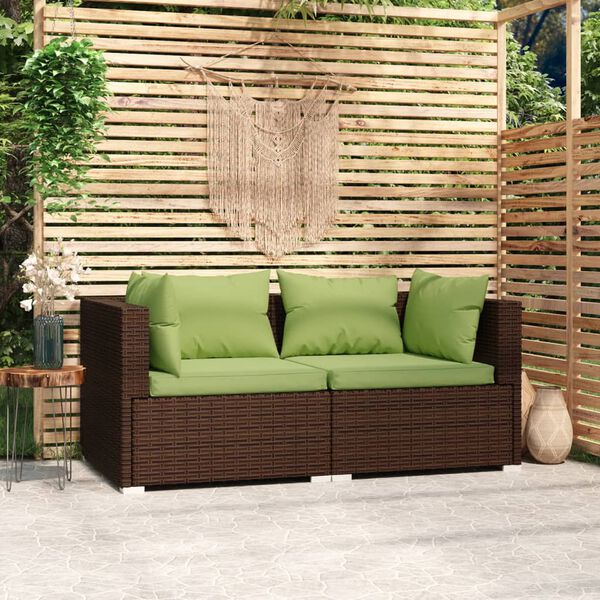 vidaXL 2-Seater Sofa with Cushions Brown Poly Rattan