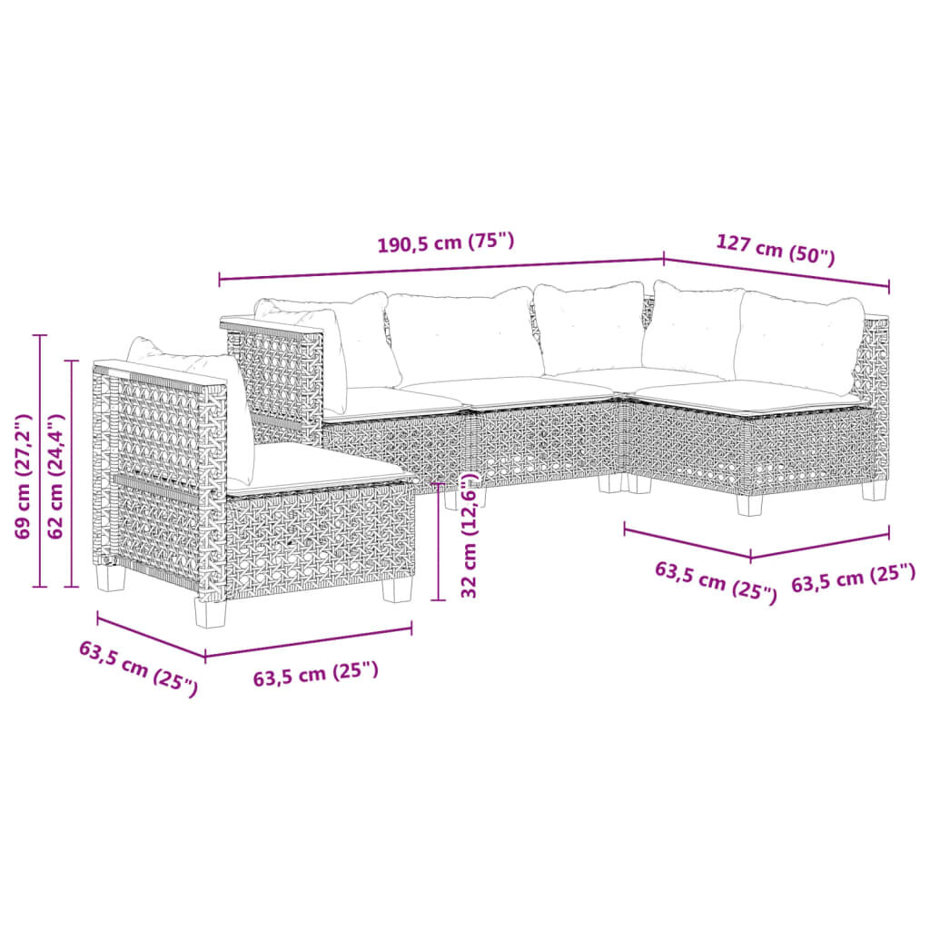 vidaXL 5 Piece Garden Sofa Set with Cushions Grey Poly Rattan