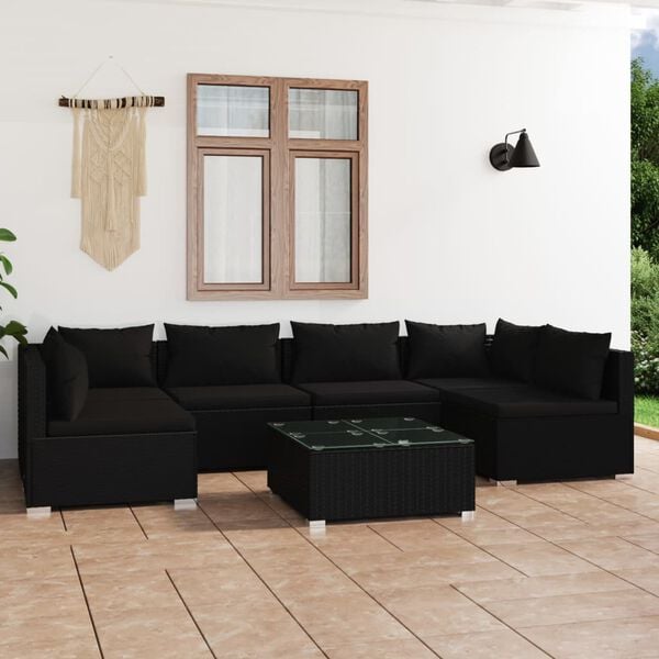 vidaXL 7 Piece Garden Lounge Set with Cushions Poly Rattan Black