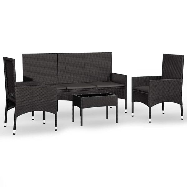 vidaXL 4 Piece Garden Lounge Set with Cushions Black Poly Rattan