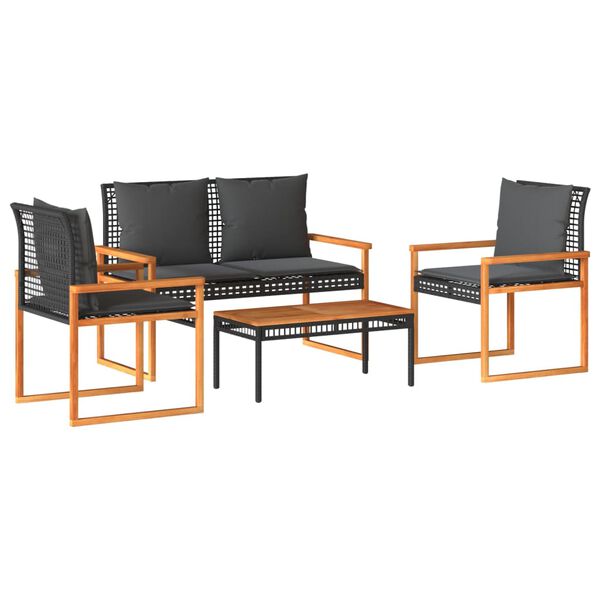 vidaXL 4 Piece Garden Lounge Set with Cushions Black Poly Rattan