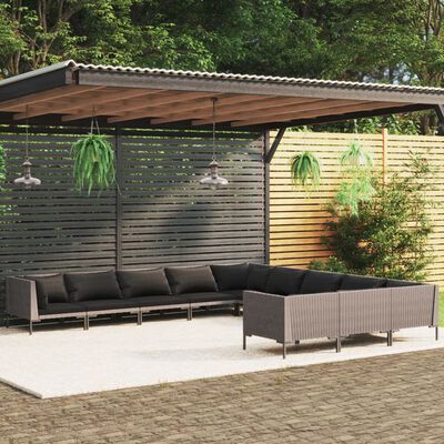 vidaXL 11 Piece Garden Lounge Set with Cushions Poly Rattan Dark Grey,  vidaXL 11 Piece Garden Lounge Set with Cushions Poly Rattan Dark Grey