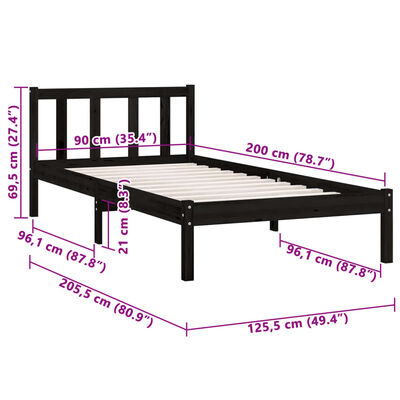 vidaXL Bed Frame without Mattress Black Solid Wood 90x200 cm, black vidaXL Bed Frame without Mattress Black Solid Wood 90x200 cm