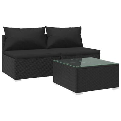 vidaXL 3 Piece Garden Lounge Set with Cushions Poly Rattan Black, black vidaXL 3 Piece Garden Lounge Set with Cushions Poly Rattan Black