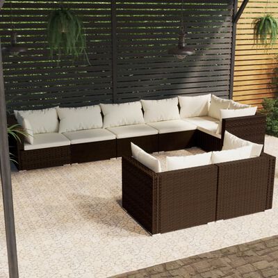 vidaXL 8 Piece Garden Lounge Set with Cushions Brown Poly Rattan