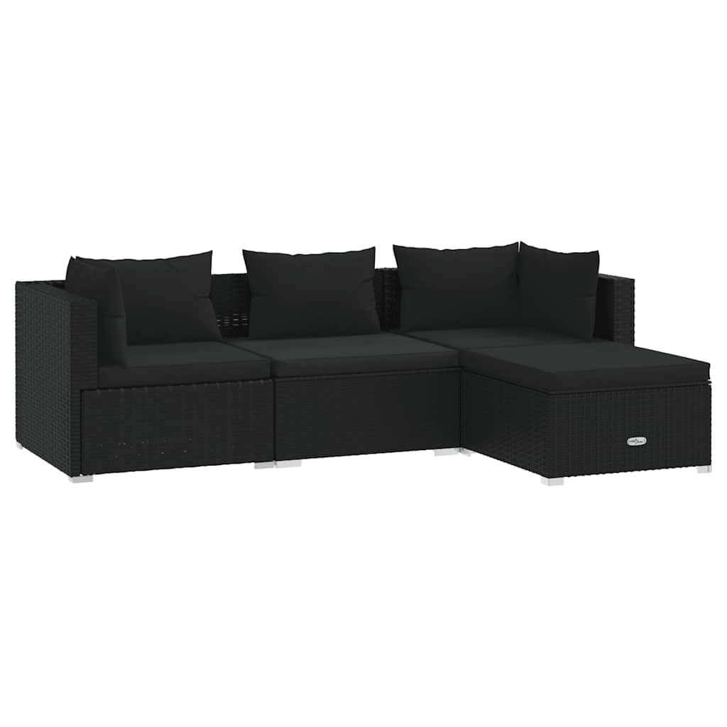 vidaXL 4 Piece Garden Lounge Set with Cushions Poly Rattan Black, black vidaXL 4 Piece Garden Lounge Set with Cushions Poly Rattan Black