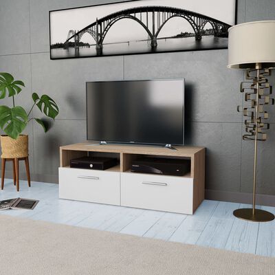 vidaXL TV Cabinet Engineered Wood 95x35x36 cm Oak and White, oak and white vidaXL TV Cabinet Engineered Wood 95x35x36 cm Oak and White