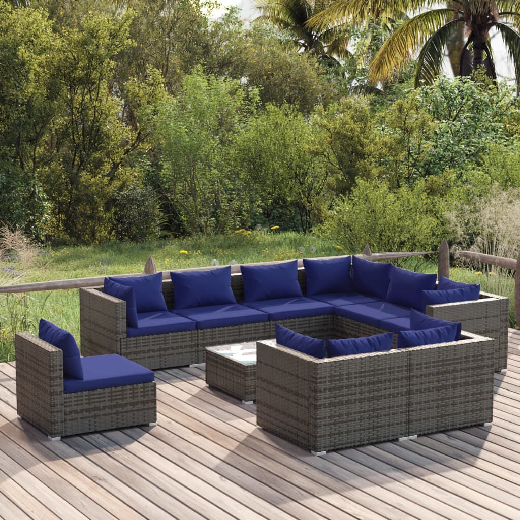 vidaXL 10 Piece Garden Lounge Set with Cushions Poly Rattan Grey