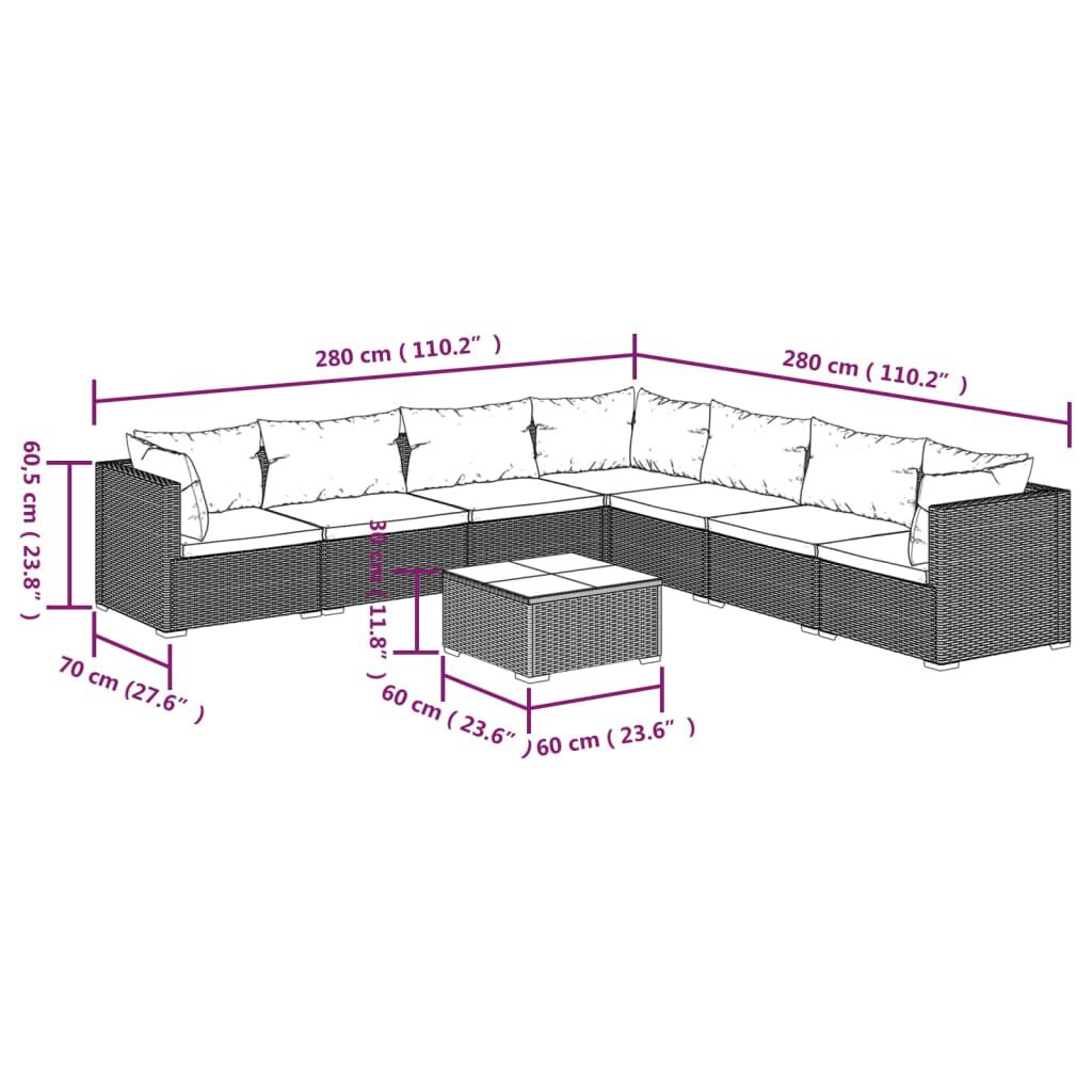 vidaXL 8 Piece Garden Lounge Set with Cushions Poly Rattan Black
