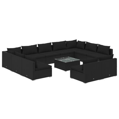 vidaXL 12 Piece Garden Lounge Set with Cushions Black Poly Rattan, black vidaXL 12 Piece Garden Lounge Set with Cushions Black Poly Rattan