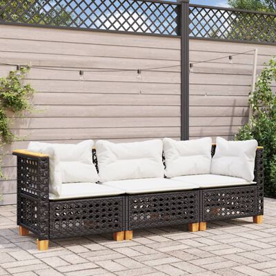 vidaXL Garden Sofa with Cushions 3-Seater Black Poly Rattan, black vidaXL Garden Sofa with Cushions 3-Seater Black Poly Rattan