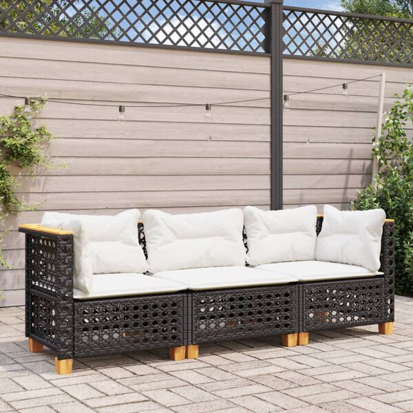 vidaXL Garden Sofa with Cushions 3-Seater Black Poly Rattan