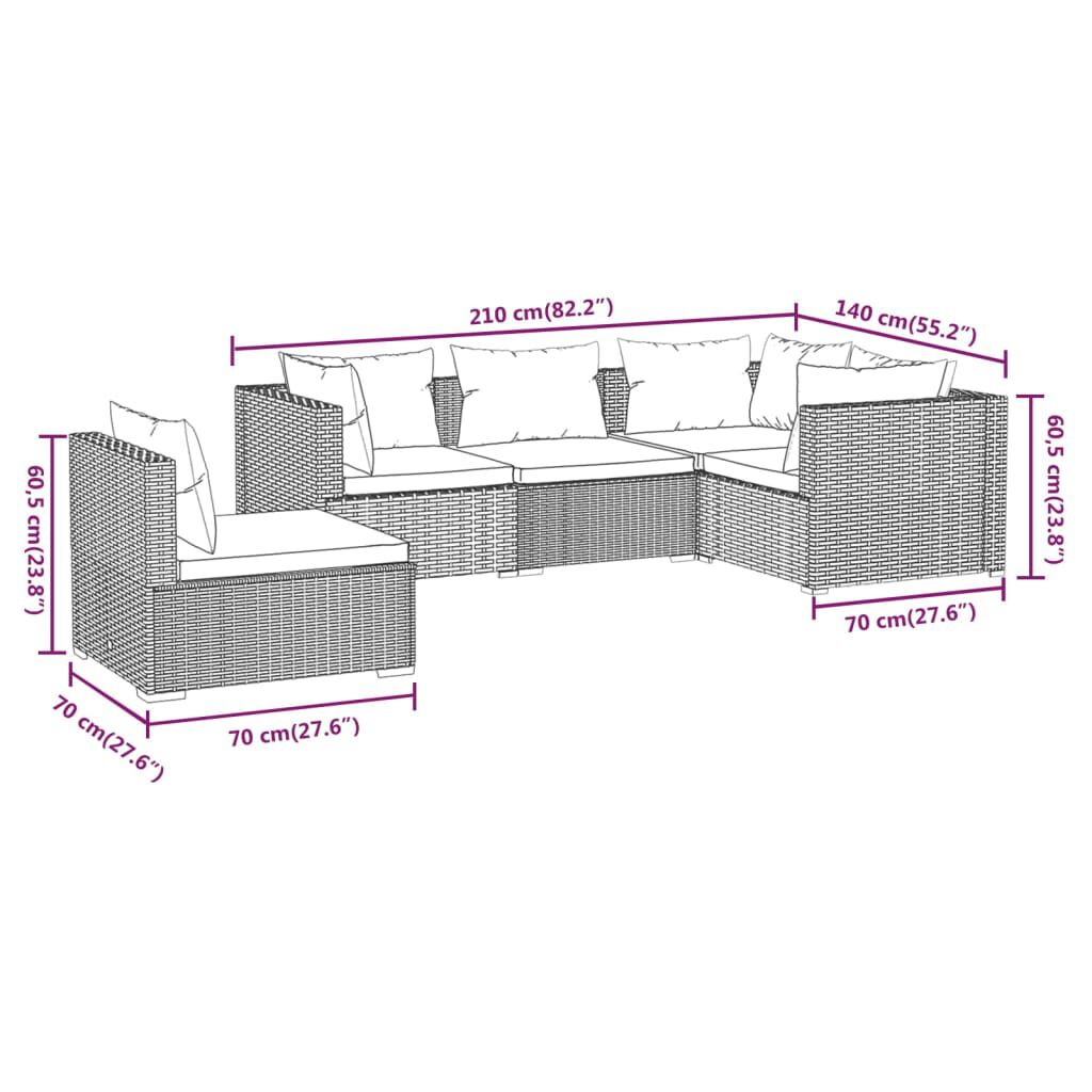 vidaXL 5 Piece Garden Lounge Set with Cushions Poly Rattan Grey