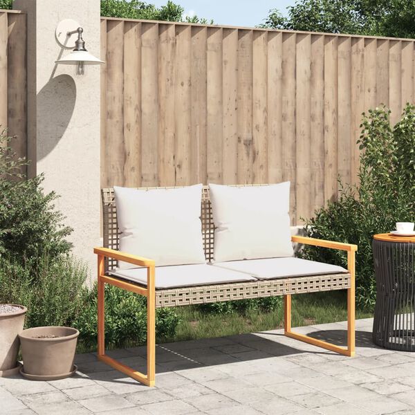 vidaXL Garden Bench with Cushion Mix Beige Poly Rattan Acacia Wood