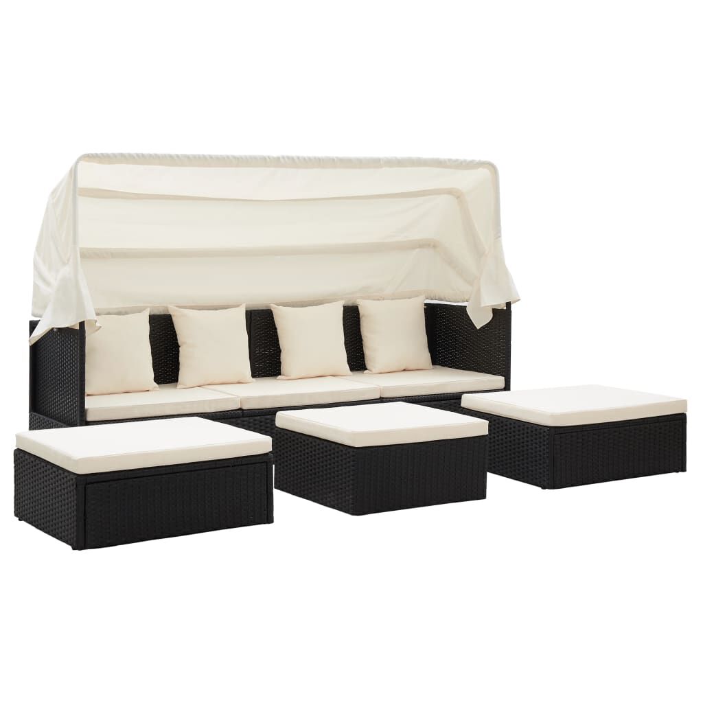 vidaXL Garden Lounge Bed with Roof Black Poly Rattan