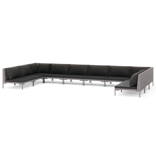 vidaXL 10 Piece Garden Lounge Set with Cushions Poly Rattan Dark Grey