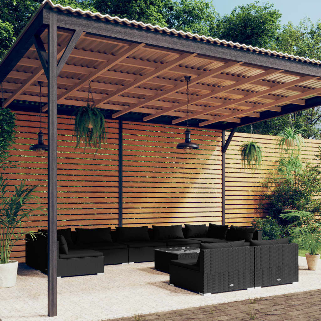 vidaXL 10 Piece Garden Lounge Set with Cushions Black Poly Rattan