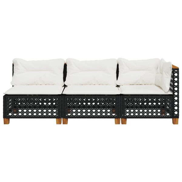 vidaXL Garden Sofa with Cushions 3-Seater Black Poly Rattan
