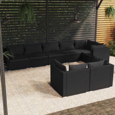 vidaXL 8 Piece Garden Lounge Set with Cushions Black Poly Rattan, black vidaXL 8 Piece Garden Lounge Set with Cushions Black Poly Rattan