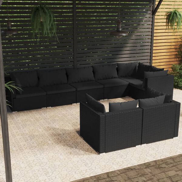 vidaXL 8 Piece Garden Lounge Set with Cushions Black Poly Rattan