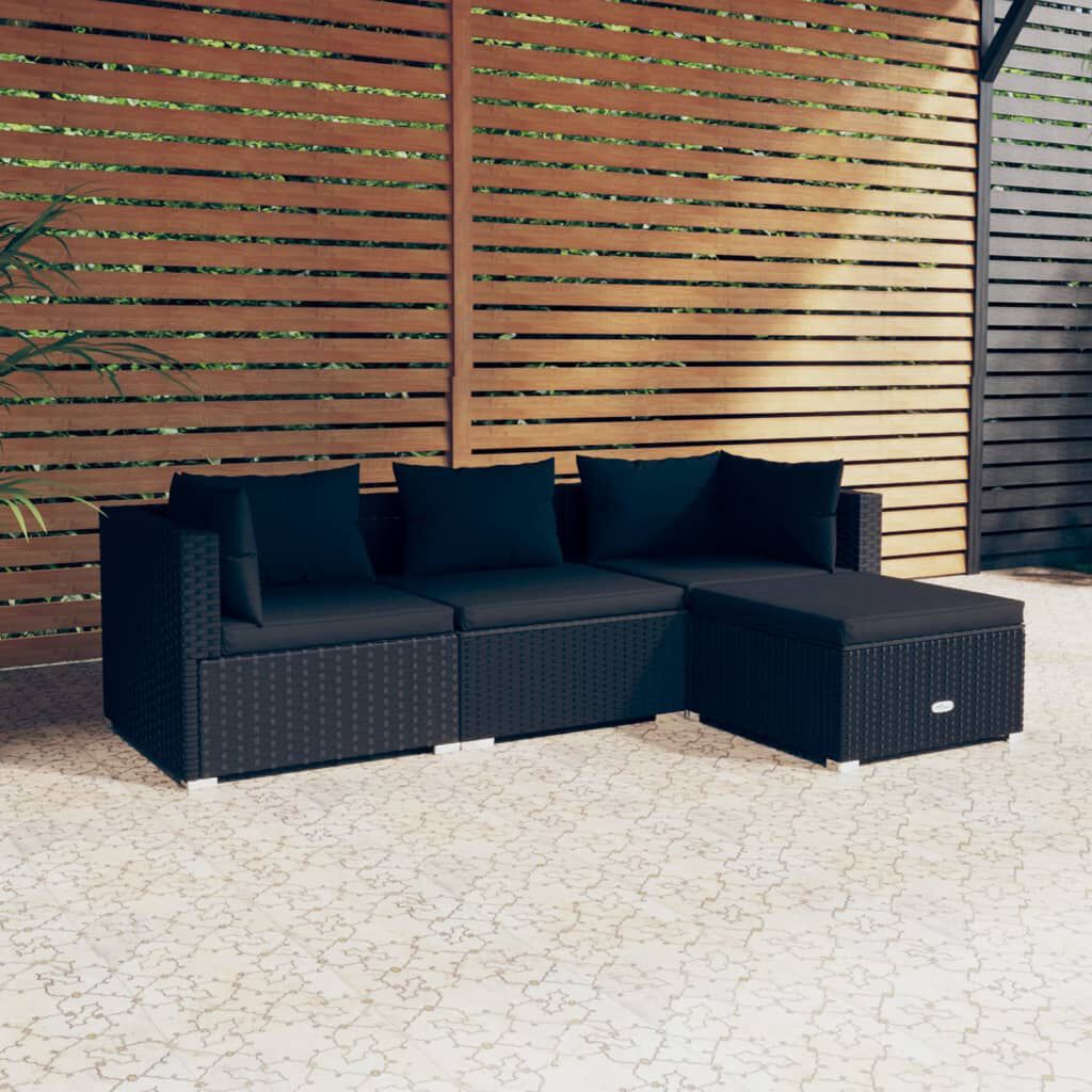 vidaXL 4 Piece Garden Lounge Set with Cushions Poly Rattan Black, black vidaXL 4 Piece Garden Lounge Set with Cushions Poly Rattan Black