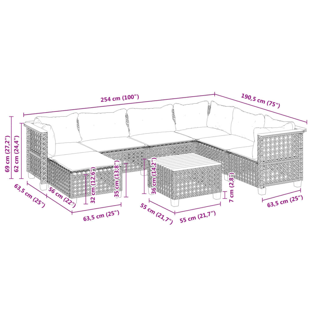 vidaXL 8 Piece Garden Sofa Set with Cushions Black Poly Rattan