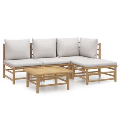 vidaXL 5 Piece Garden Lounge Set with Light Grey Cushions Bamboo,  vidaXL 5 Piece Garden Lounge Set with Light Grey Cushions Bamboo