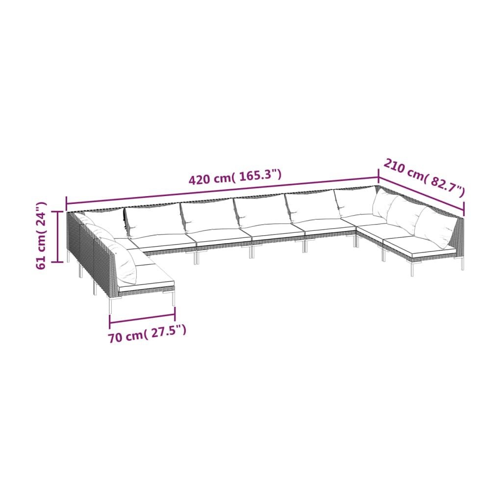 vidaXL 10 Piece Garden Lounge Set with Cushions Poly Rattan Dark Grey