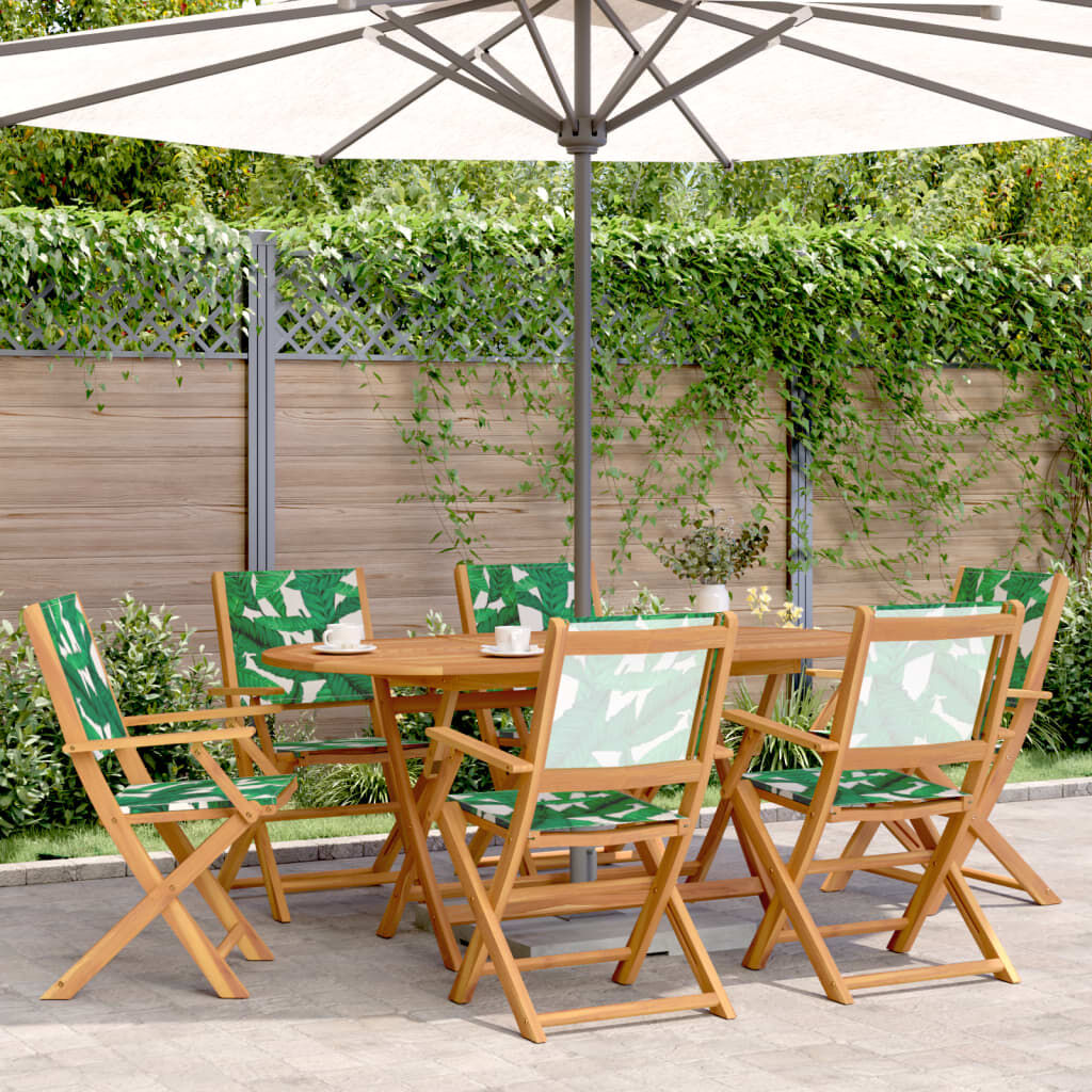 vidaXL 7 Piece Garden Dining Set Leaf Pattern Fabric and Solid Wood