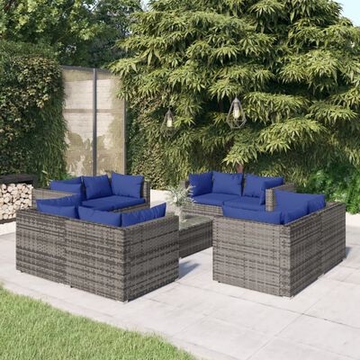 vidaXL 9 Piece Garden Lounge Set with Cushions Poly Rattan Grey, grey and dark blue vidaXL 9 Piece Garden Lounge Set with Cushions Poly Rattan Grey