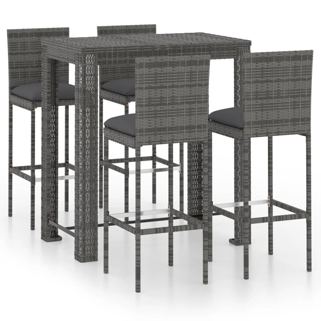 vidaXL 5 Piece Outdoor Bar Set with Cushions Poly Rattan Grey