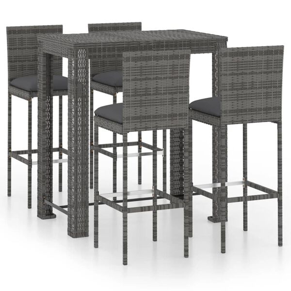 vidaXL 5 Piece Outdoor Bar Set with Cushions Poly Rattan Grey