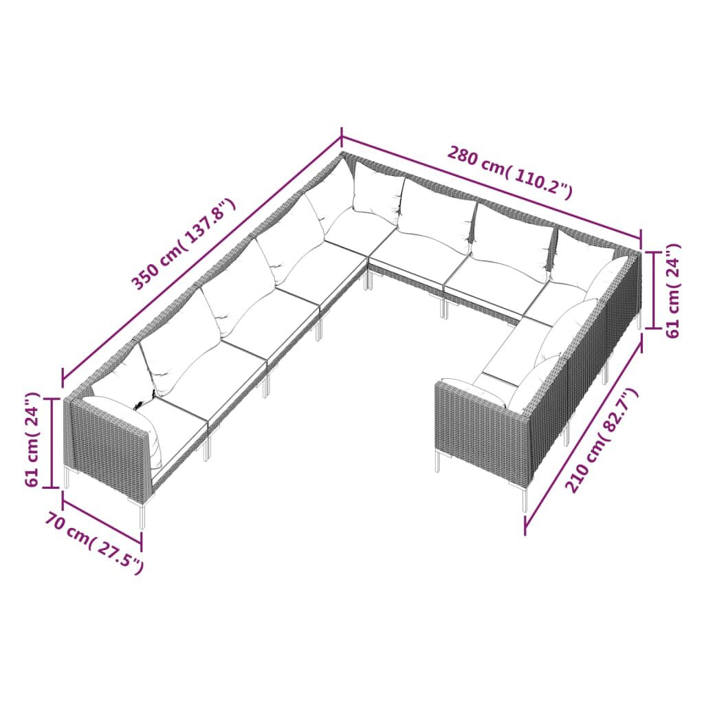 vidaXL 10 Piece Garden Lounge Set with Cushions Poly Rattan Dark Grey