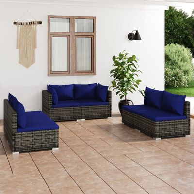 vidaXL 6 Piece Garden Lounge Set with Cushions Poly Rattan Grey, grey and dark blue vidaXL 6 Piece Garden Lounge Set with Cushions Poly Rattan Grey
