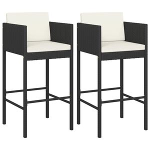 vidaXL Bar Stools 2 pcs with Cushions Black Poly Rattan