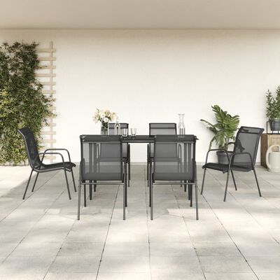 vidaXL 7 Piece Garden Dining Set Black Steel and Textilene