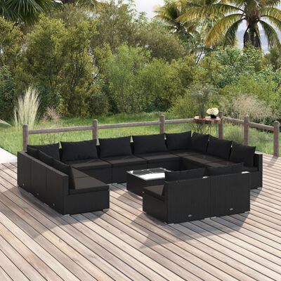 vidaXL 12 Piece Garden Lounge Set with Cushions Black Poly Rattan, black vidaXL 12 Piece Garden Lounge Set with Cushions Black Poly Rattan