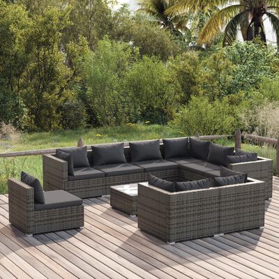 vidaXL 10 Piece Garden Lounge Set with Cushions Poly Rattan Grey, grey and anthracite vidaXL 10 Piece Garden Lounge Set with Cushions Poly Rattan Grey