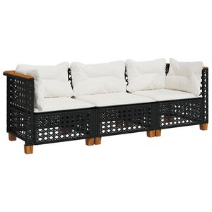 vidaXL Garden Sofa with Cushions 3-Seater Black Poly Rattan