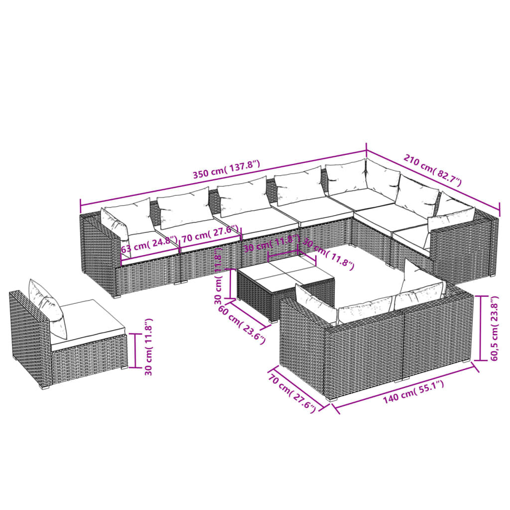 vidaXL 11 Piece Garden Lounge Set with Cushions Poly Rattan Black