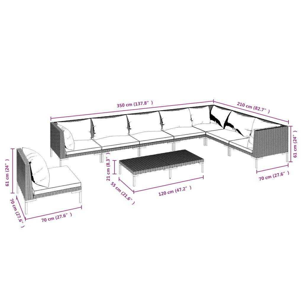 vidaXL 9 Piece Garden Lounge Set with Cushions Poly Rattan Dark Grey