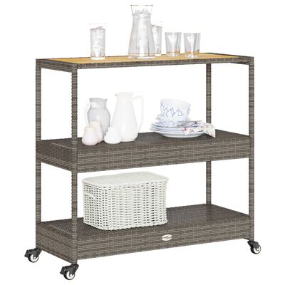 vidaXL Bar Cart 3-Tier Grey Poly Rattan and Solid Wood Acacia, grey and brown vidaXL Bar Cart 3-Tier Grey Poly Rattan and Solid Wood Acacia