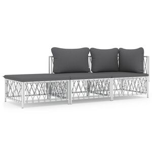 vidaXL 3 Piece Garden Lounge Set with Cushions White Steel