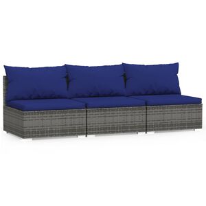 vidaXL 3-Seater Sofa with Cushions Grey Poly Rattan