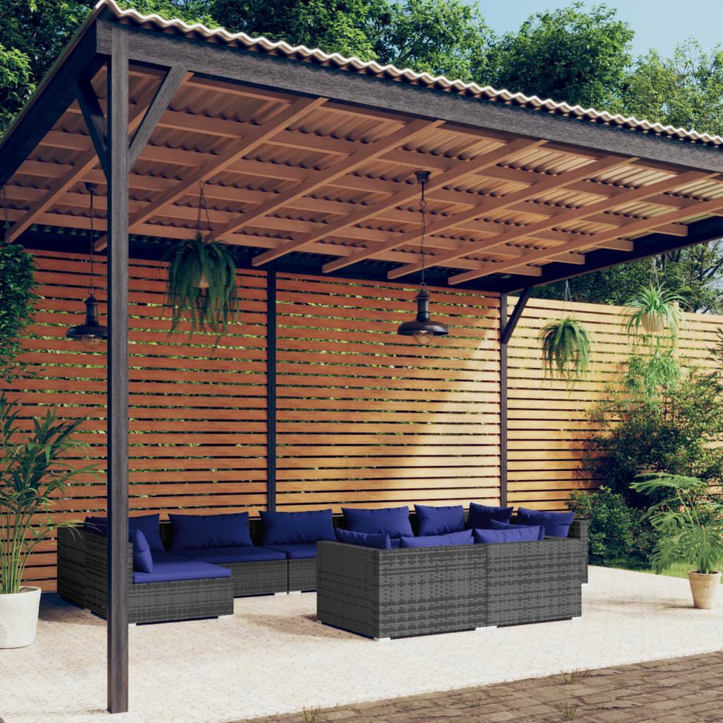 vidaXL 9 Piece Garden Lounge Set with Cushions Grey Poly Rattan