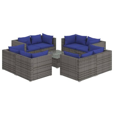 vidaXL 9 Piece Garden Lounge Set with Cushions Poly Rattan Grey, grey and dark blue vidaXL 9 Piece Garden Lounge Set with Cushions Poly Rattan Grey
