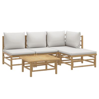 vidaXL 5 Piece Garden Lounge Set with Light Grey Cushions Bamboo,  vidaXL 5 Piece Garden Lounge Set with Light Grey Cushions Bamboo