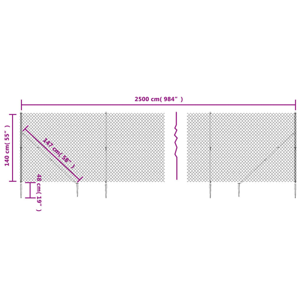 vidaXL Chain Link Fence with Spike Anchors Green 1.4x25 m