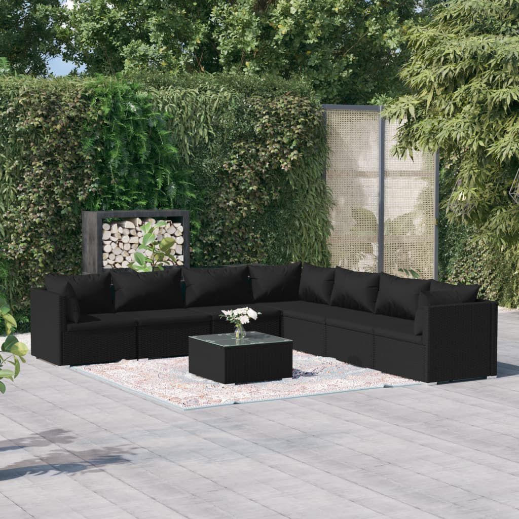 vidaXL 8 Piece Garden Lounge Set with Cushions Poly Rattan Black